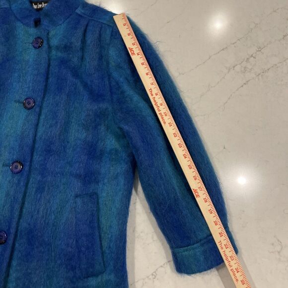 Paul Levy Vintage Blue Purple Green Plaid Striped Mohair Wool Coat Long 44” Bust - Picture 10 of 14